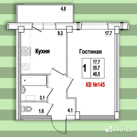 1-к квартира, 40.2 м², 7/9 эт.