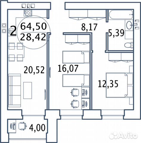 2-к квартира, 64.5 м², 4/9 эт.