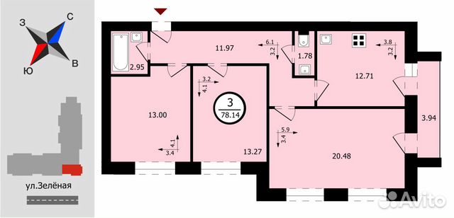 3-к квартира, 78.1 м², 2/7 эт.