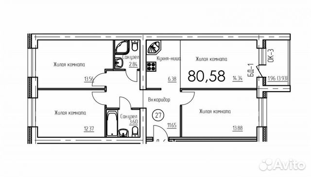 4-к квартира, 80.5 м², 2/5 эт.