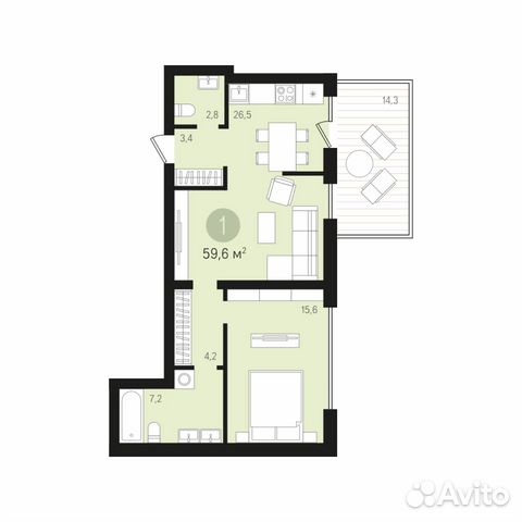 1-к квартира, 59.6 м², 1/8 эт.
