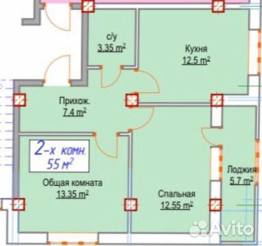 2-к квартира, 55 м², 4/12 эт.
