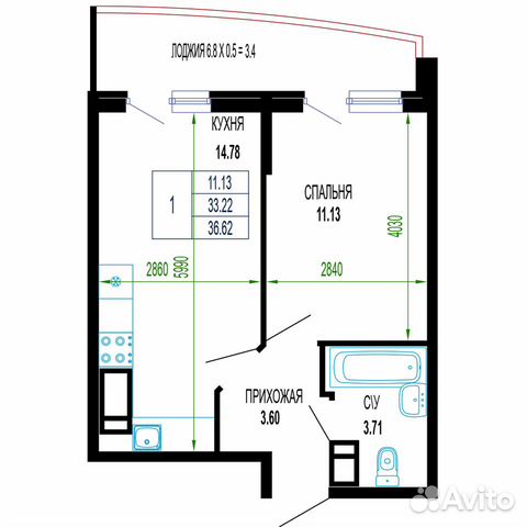 1-к квартира, 36.6 м², 19/24 эт.