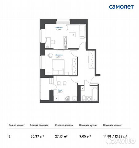 2-к квартира, 50.4 м², 6/17 эт.