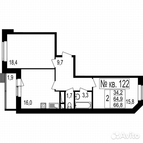 2-к квартира, 66.8 м², 6/7 эт. 2-к квартира, 66.8 м², 6/7 эт.