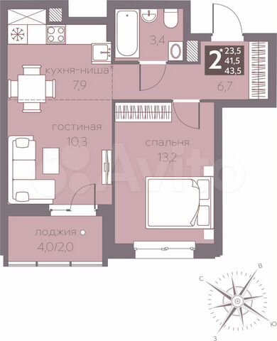 2-к. квартира, 43,5 м², 3/16 эт.