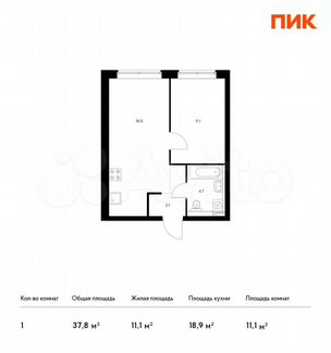 1-к квартира, 37.8 м², 6/21 эт.