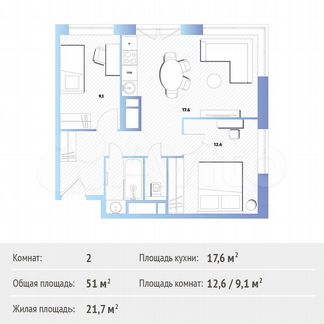 2-к квартира, 51 м², 5/30 эт.