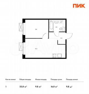 1-к квартира, 33.8 м², 15/17 эт.