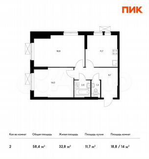 2-к квартира, 58.4 м², 8/33 эт.
