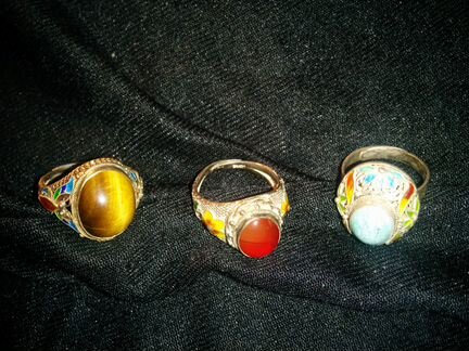 Кольца серебряные безразмерные, филигрань с эмалью