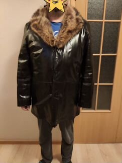 Мужская удлинённая зимняя кожаная куртка-дубленка