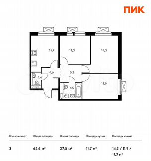 3-к квартира, 64.6 м², 8/25 эт.
