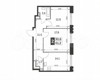 2-к квартира, 61.2 м², 26/27 эт.